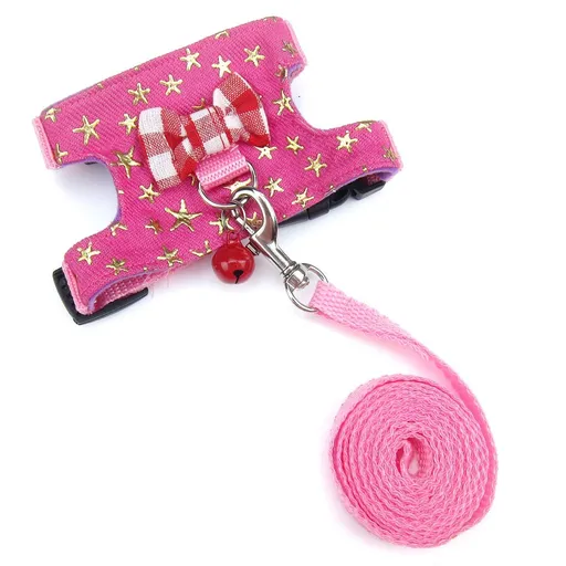 Vest and Leash Set with Bowknot and Bell Decor for Gerbil Squirrel Kitten Outdoor Walking (S, Pink Star)