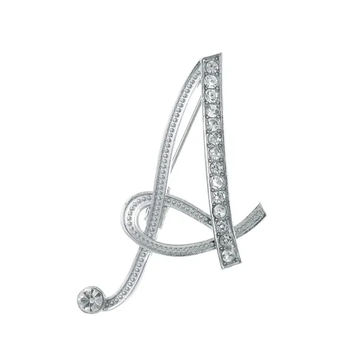 5pc Letter Brooch Pins Initial Rhinestone Letters Brooches Silver Plated Metal Broaches Pins-Clear Crystal Initial Breastpin