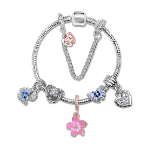 Blue Butterfly Glass Bead & Pink Flower Pendant Charm Bracelet(18cm)
