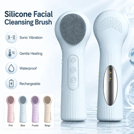 Silicone Facial Cleansing Brush Sonic Vibration Heating Waterproof Rechargeable-PURPLE