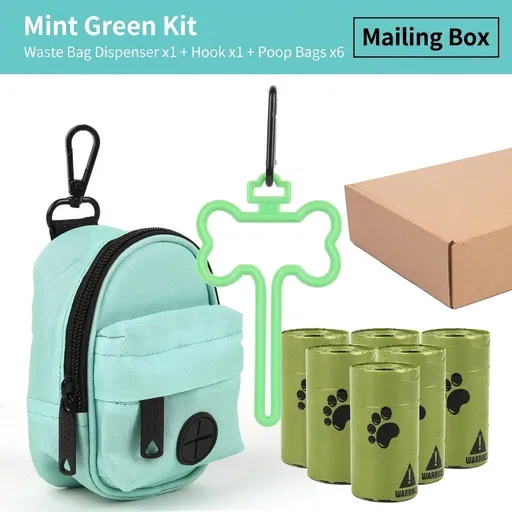 Carry Your Pup’s Mess in Style with a Durable Oxford Fabric Poop Bag Dispenser Set, Featuring a Bone-Shaped Hook, Carabiner Clip, and Six Refill Rolls of 0.6mil Thick Leak-Proof Waste Bags for Effortless Walks and Clean Outdoor Adventures. (Mint)