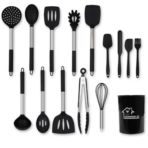 Silicone Cooking Utensils Set, 15 Pcs Heat Resistant Kitchen Utensils with Stainless Steel Handle, Slotted Turner, Spoon, Soup