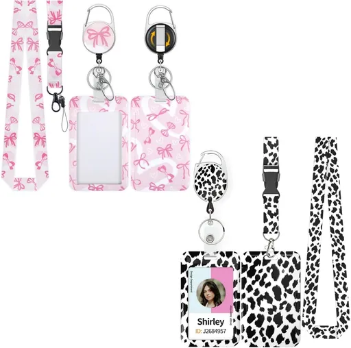 Fashionable Sliding Badge Holder Bowknot Pattern & Leopard Print Plastic Card Holder with Retractable Badge Reel Carabiner & Detachable Lanyard Vertical Card Protector
