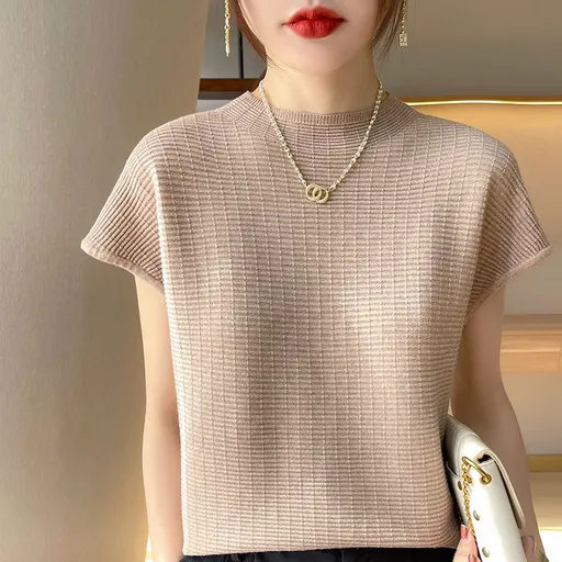 wu Thin Short Sleeve Plaid Knitted Top Shallow camel L Size: L; Height (cm): 165-170; Weight (kg): 55-60; Bust (cm): 90-94; Waist (cm): 74-78; Shoulder width (cm): 39; Length (cm): 62