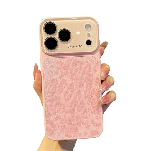 For iPhone Case,Cheetah Print，Orange Fashion Leopard Design,Crystal Camera Lens Protection,for Women Girls - Pink - Size iPhone 15