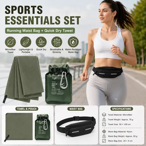 Outdoor Sports Combo Set - Green Microfiber Quick Dry Cooling Towel and Black Lightweight Running Waist Belt with Reflective Strips, Portable Gym Accessories for Fitness and Travel Suitable for sports; keeps hands free and makes wiping away sweat con