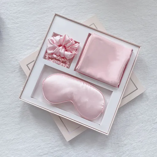 Luxury Satin Sleep Mask Gift Set,4-Piece with Pillowcase and Hair Accessories(Pink)