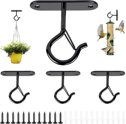 Heavy Duty Ceiling Hooks for Hanging Plants and String Lights, 2.36 Inch Plant Hook with Safety Latch, Ceiling Hanging Hook for Bird Feeders and Lanterns, Indoor Outdoor Use 40 lbs (Black, 6 Pcs)