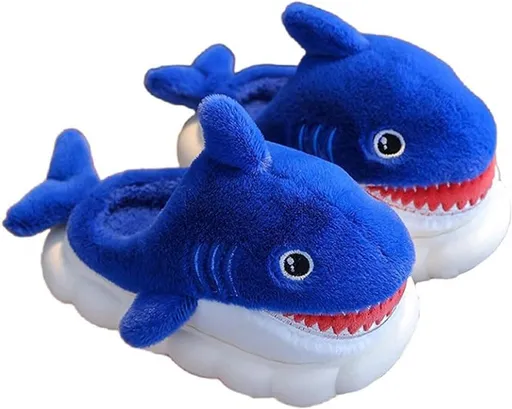 Children's Winter Slippers, Cute Shark Plush House Shoes with Warm Lining and Non-Slip Sole, Size 24, Inner Length 15 cm, Foot Length 14 cm, Blue
