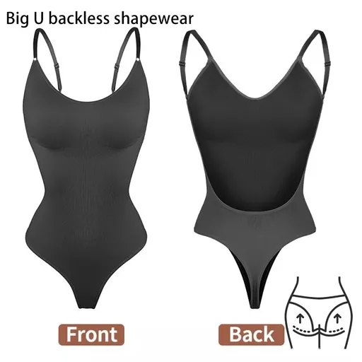 2 Pcs Size L Black Seamless Backless Bodysuit Shapewear - Deep U-Plunge Tummy Control Thong Shaper