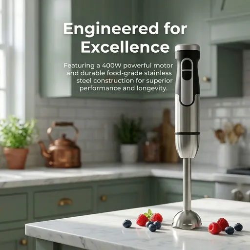 4-in-1 Multifunctional Hand Blender with 304 Stainless Steel Immersion Stick, Chopper Bowl, Whisk Attachment and Measuring Cup for Smoothies, Baby Food, Soups, Cream and Egg Whisking, and Vegetable Chopping in Home Kitchen (Stick Only (No Accessories