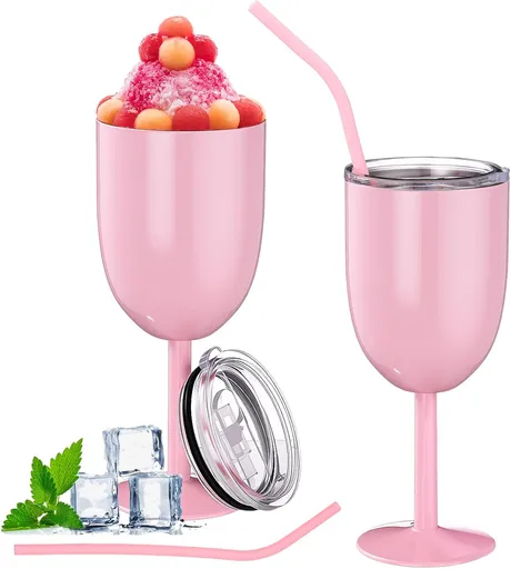 2 Pack Insulated Wine Glass 10 oz Stainless Steel Margarita Tumbler with Lid and Straw Vacuum Sealed Mug Wine Cup Gift for Women Men Christmas Birthday(Pink,Typical)