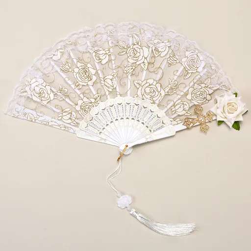 2 Pack White lace, white roses Vintage Lace Folding Fans Gothic Palace Style with Rose Cross Tassels for Tea Party Cosplay and Photo Props