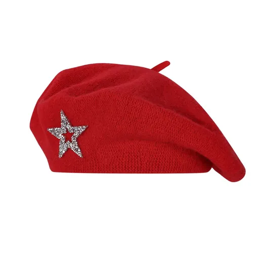 Women's Wool Blend Beret Hat -Red French Style Painter Cap with Sparkling Rhinestone Star Detail, Soft Knit Fashion Headwear for Autumn and Winter