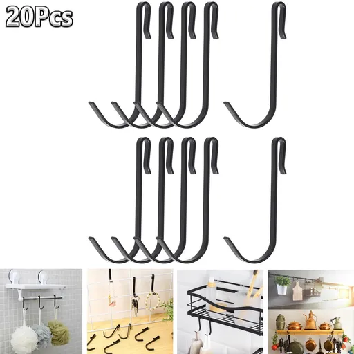 20 Pcs 2.4in Long J-Hook for Wire Shelving, Wire Rack Hook, Stainless Steel Hanger Clip-on Hooks, Hanging Sink Grid Hook, Heavy Duty Utility Hooks for Kitchen Bedroom Office, Silver Black