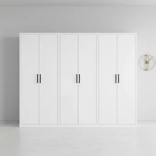 240x200cm 6-Door White Steel 1 Hanging and 2 Shelf Wardrobe with Black Handle Storage Cabinet