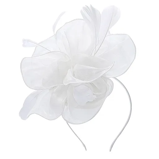 Women Veil Fascinators Wedding Tea Party Headpiece Organza Fascinators Hat Flower Feather Hair Clip with Headband