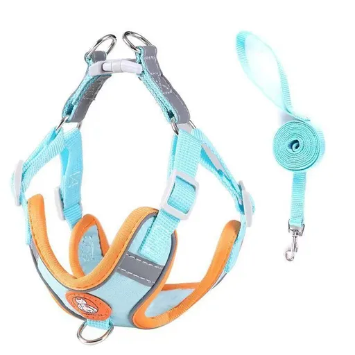 Dog Harness Reflective Leash Small Medium Dogs Blue [chest and back] + flat rope M (recommended 10-15kg )