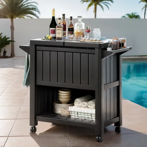 Outdoor Storage Cart 3-in-1 Serving Trolley 80L Ice Bucket Cooler Rolling Kitchen Trolley Brown