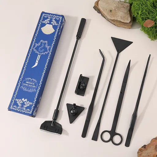 Black Stainless Steel Aquarium Cleaning Tool Kit - 5 Piece Fish Tank Maintenance Set with Tweezers Scissors Algae Scraper Spatula