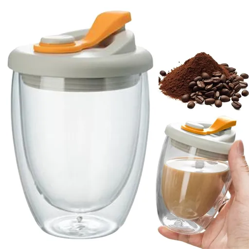 Double Wall Glass Coffee Mug, Drinking Glass, Insulated Coffee Cup with Silicone Lid, High Borosilicate Glass Double Walled Cup for Tea Coffee Latte or Iced Drink Mug, 250ml