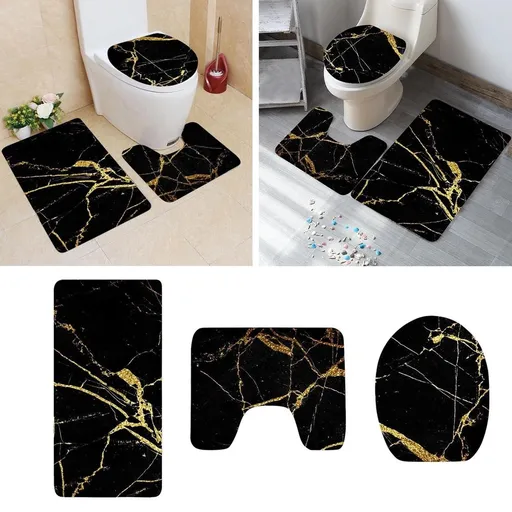 Black and Gold Bathroom Rugs Set 3-Piece â\x80\x93 Non- Marble Print Bath Mat, Toilet Lid Cover & Contour Rug â\x80\x93 Soft Washable Water Absorbent Shower Mats for Bathroom Floor Decor