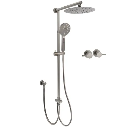 WELS Gun Metal 2in1 Round Shower 10" Rain Head 3 Mode Handheld Sliding Rail Twin Taps Set