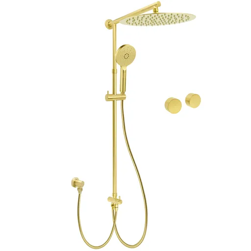 WELS Brushed Gold Rain Shower 12" Head 3 Mode Handheld Rose Sliding Rail Round Taps Set