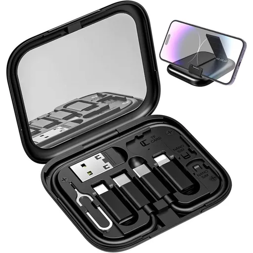 6-in-1 Cable Organizer Multifunctional Storage Box with Mirror for Travel Black