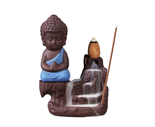 Porcelain Clay Little Buddha Censer Backflow Incense Burner Holder Ornament-Blue