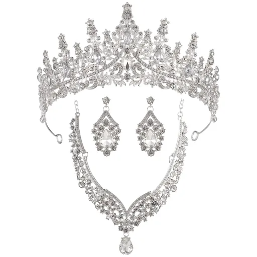 3PCS Silver Crystal Bridal Jewelry Set, Elegant Crown Tiara Earrings Necklace Set for Wedding, Party, Birthday & Prom