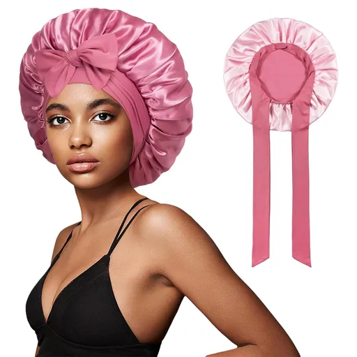 Bonnet with Tie Band, Hair Care Satin Silk Bonnet for Sleeping Women, Silky Sleep Bonnets for Women, Reversible Double Layer Sleep Cap for Curly Hair Braids