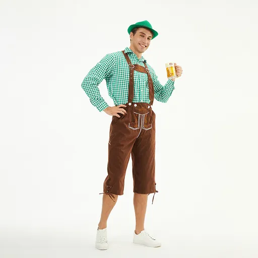 Munich Oktoberfest Clothing Men's Plaid Shirt Overall Costume Stage Performance Clothing Brown pants+red top(without hat) XL