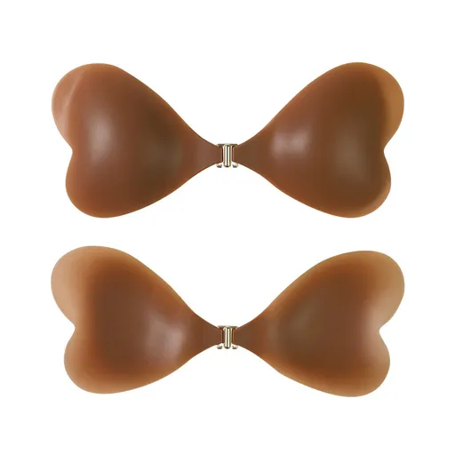 Size S [A cup] Two Pairs Brown Skin Colour Heart-Shaped Silicone Breast Sticker - Thin Invisible Push-Up for Small Chest Enhancement