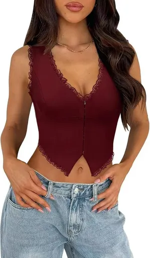 2-Pack Red French Vintage Lace Splice Camisole(XL Size) - Slim Fit Halter Top with Back Detail and Button Placket
