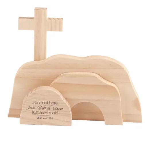Easter Scene Wooden Ornaments Handmade Christian Nativity Decoration 3 Piece Grey