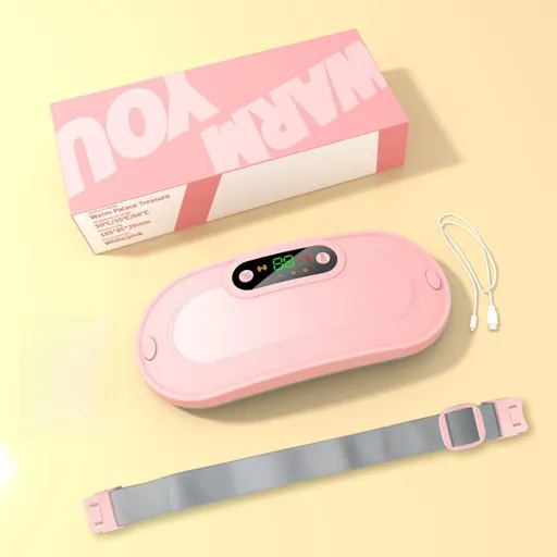 Pink Portable USB Rechargeable Graphene Heating Waist Belt with Gift Box - 4 Modes Vibrating Abdominal Massager & 3 Levels Large Area Heating Therapy Pad for Women