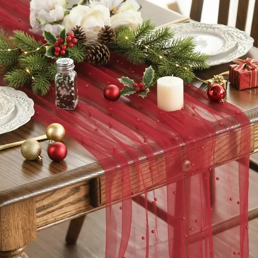 Red Table Veil with White Pearls - Silky Gauze 30x120 Inches - For Weddings, Parties & Table Decorations