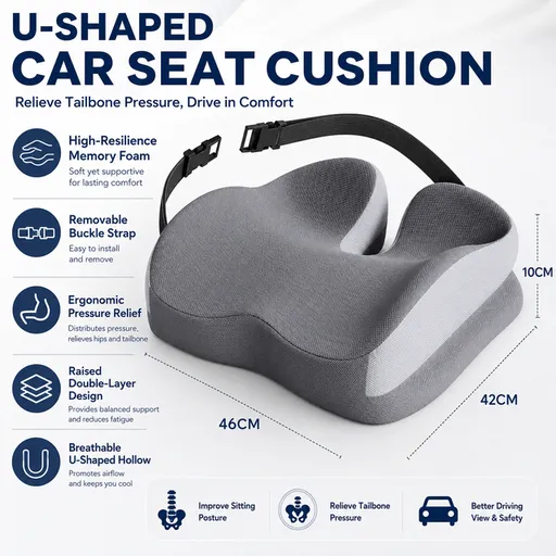 Grey Ergonomic U-Shaped Double-Layer Raised Car Seat Cushion with Breathable Cover and Buckle Straps - High Elasticity Memory Foam Driver Cushion, Coccyx Relief & Posture Improval