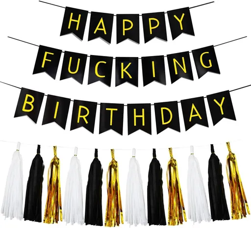 Black & White Gold Tissue Paper Tassels Garland Happy Birthday Banner - Funny 30th, 40th, 50th Party Decorations