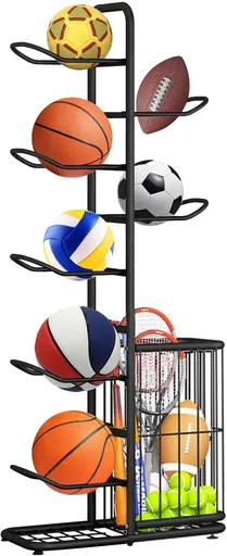 Black Ball Storage Rack for Football, Basketball, Soccer, and Volleyball - 58x23.5x146cm