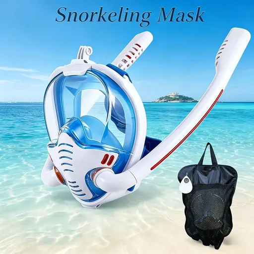 Adult Full Face Snorkel Mask Dual Tube 180° Panoramic Anti-Fog, Unisex Snorkelling Gear for Outdoor Water Sports S/M.white+blue