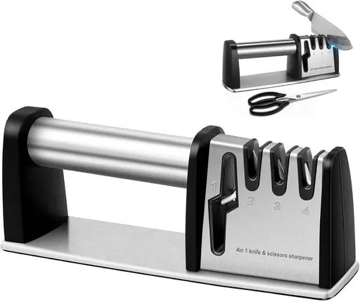 4-in-1 Pull-Through Knife Sharpener with Scissor Slot, Non-Slip 3-Stage Sharpening Tool for Steel Kitchen Knives, Dark gray