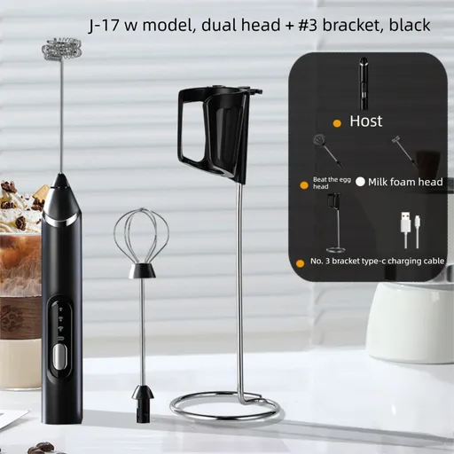 Rechargeable Electric Milk Frother with Metal Stand - Handheld Foam Maker & Egg Beater Set - 3 Speed Mixer with 2 Stainless Steel Whisks for Flat Whites, Lattes & Baking (Black)