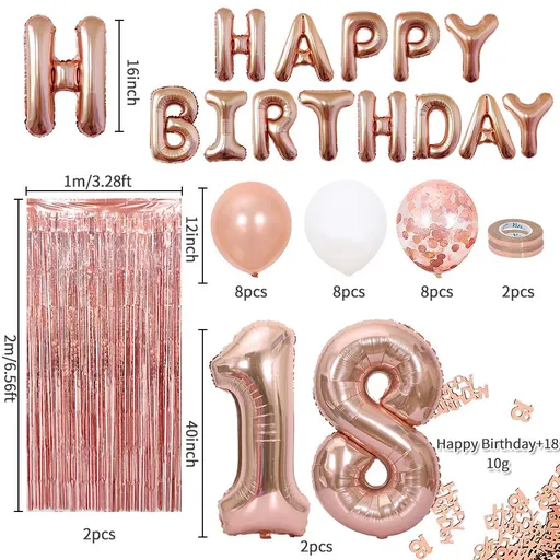 Rose Gold 18th Birthday Balloon Decoration Set - Foil Number Balloons, Happy Birthday Letter Banner, Tassel Curtain, Confetti Balloons, Latex Balloons & Tape - Complete Party Decor Kit for 18th, 21st, 30th Birthdays