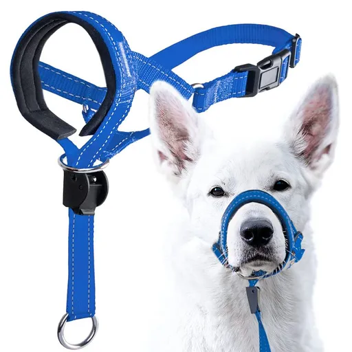 2PCS Blue Adjustable Dog Head Collar and Breathable Muzzle Harness Set (L Size) - Soft Padded No-Pull Muzzle Training Halter with Lockable Chin Clip & Quick-Release Buckle