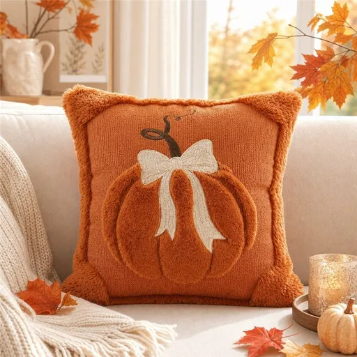 Orange Pumpkin Embroidered Cushion (45 x 45cm) with Cotton Insert and Removable Cover - 3D Quilted Bow Pumpkin Throw Pillow for Halloween, Thanksgiving and Sofa Decor