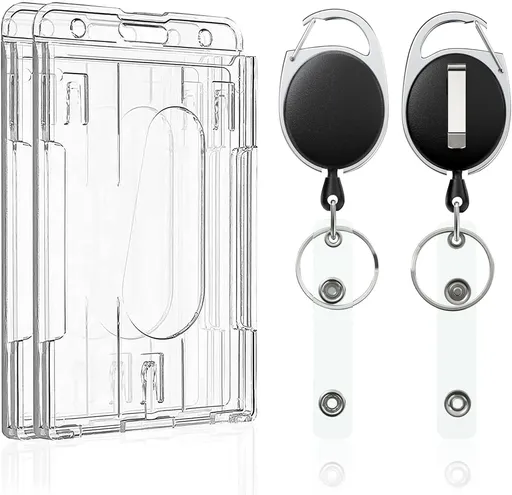 2 Pack Vertical 2-Card Badge Holder with Thumb Slots Hard Transparent PC Case Protector with Retractable Badge Reel Carabiner Clip for IDs Credit Cards Driver’s Licenses and Passes