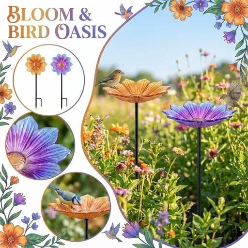 Bee Watering Station, Butterfly Cups for Garden Metal Bee Water Feeder with Flower Design, Colorful Bird Bath Bowl for Outdoor Garden Yard Decor(Purple)