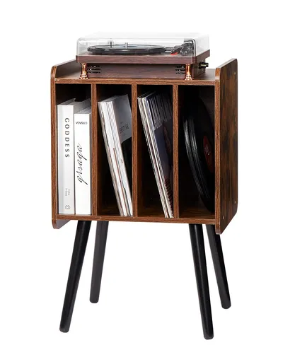 Record Player Stand, 2 Tiers Turntable Stand with 4 Cabinets, Holds up to 100 Albums, Wooden Vinyl Record Storage Cabinet with Display Shelf for Bedroom, Living Room, Brown